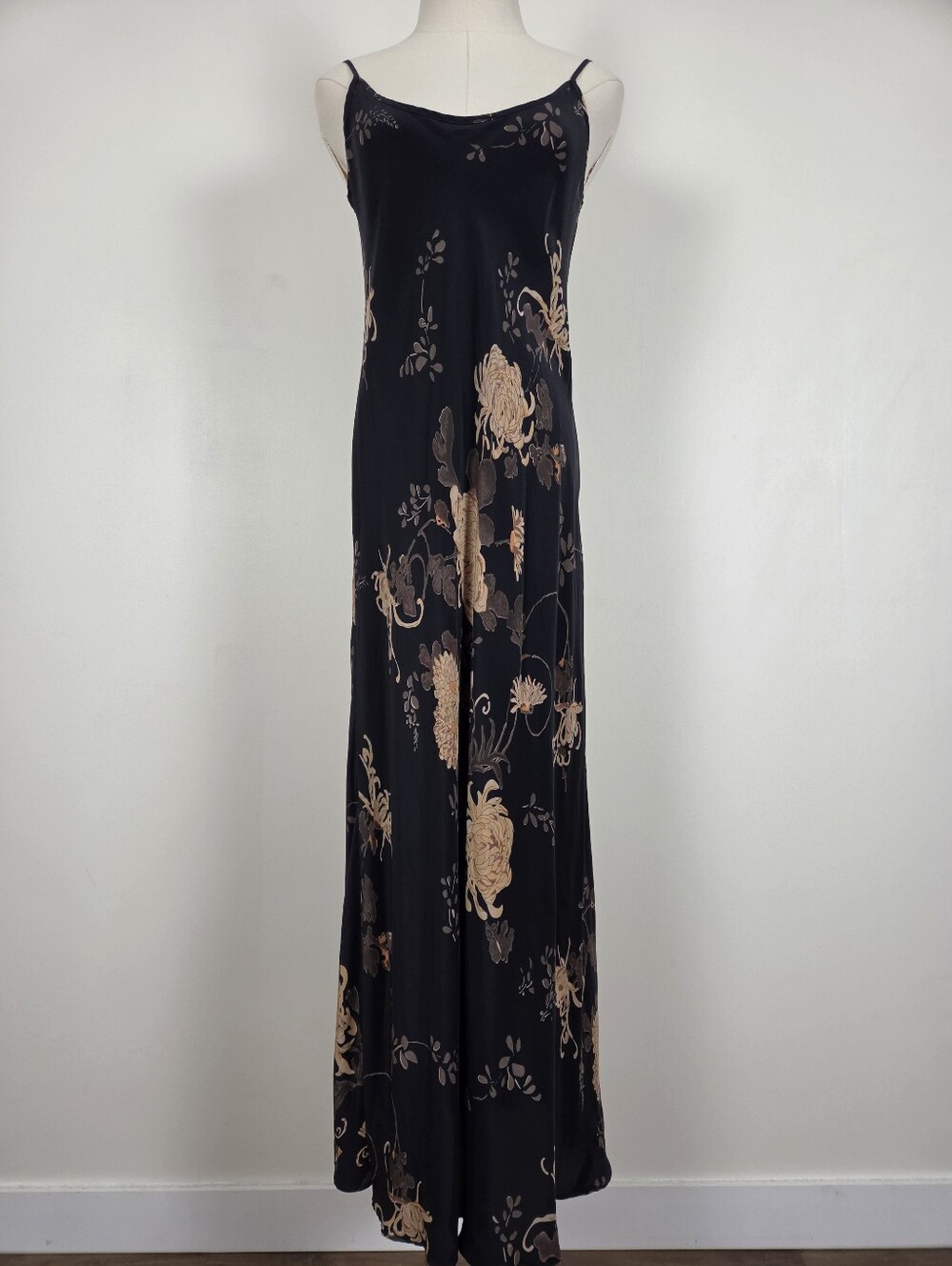 Silk Floral Maxi Dress Size Small Black Tan Lightweight Formal (u) - Picture 3 of 13
